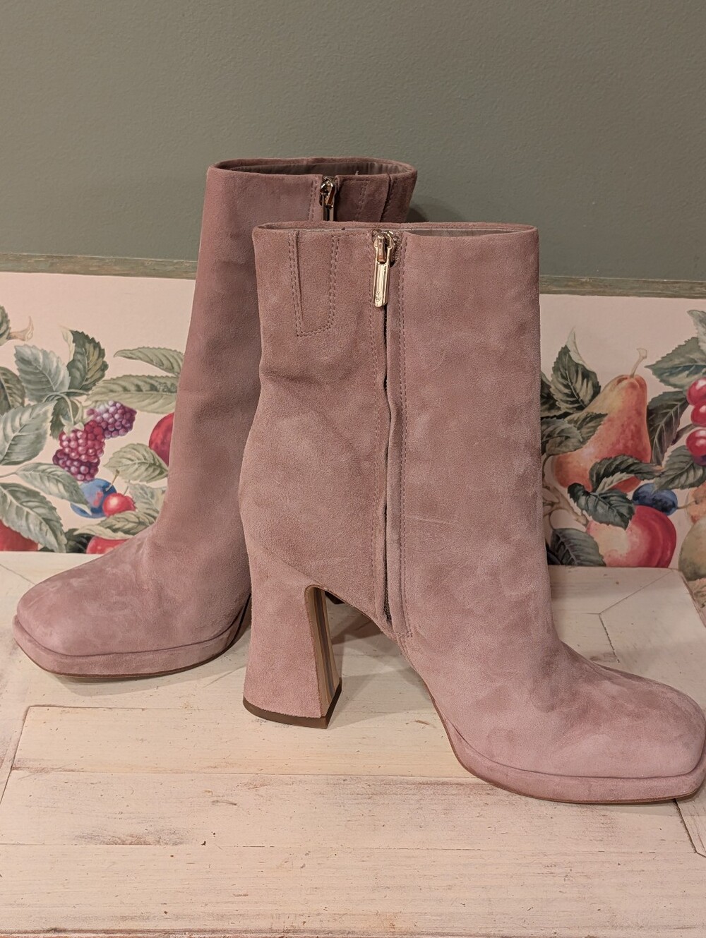 Sam Edelman Womens JAYE Taupe Suede Leather Ankle Square Toe Boots Sz 9.5